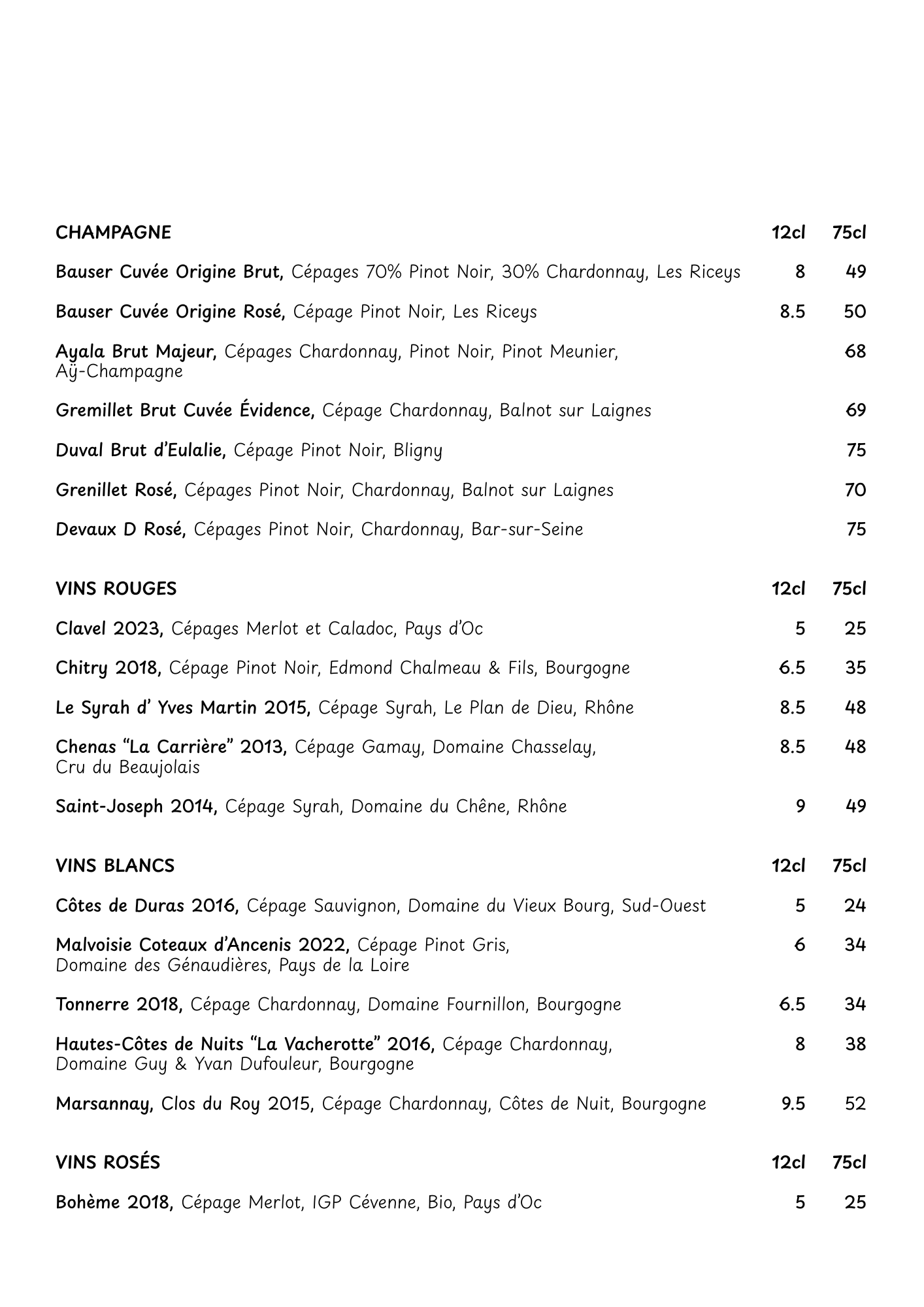 Carte de Vins Carte de Vins